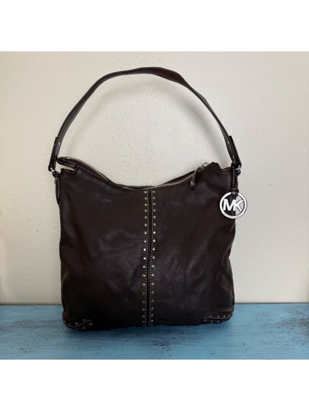 Michael Kors Vintage Astor Leather Studded Hobo Shoulder Bag Brown